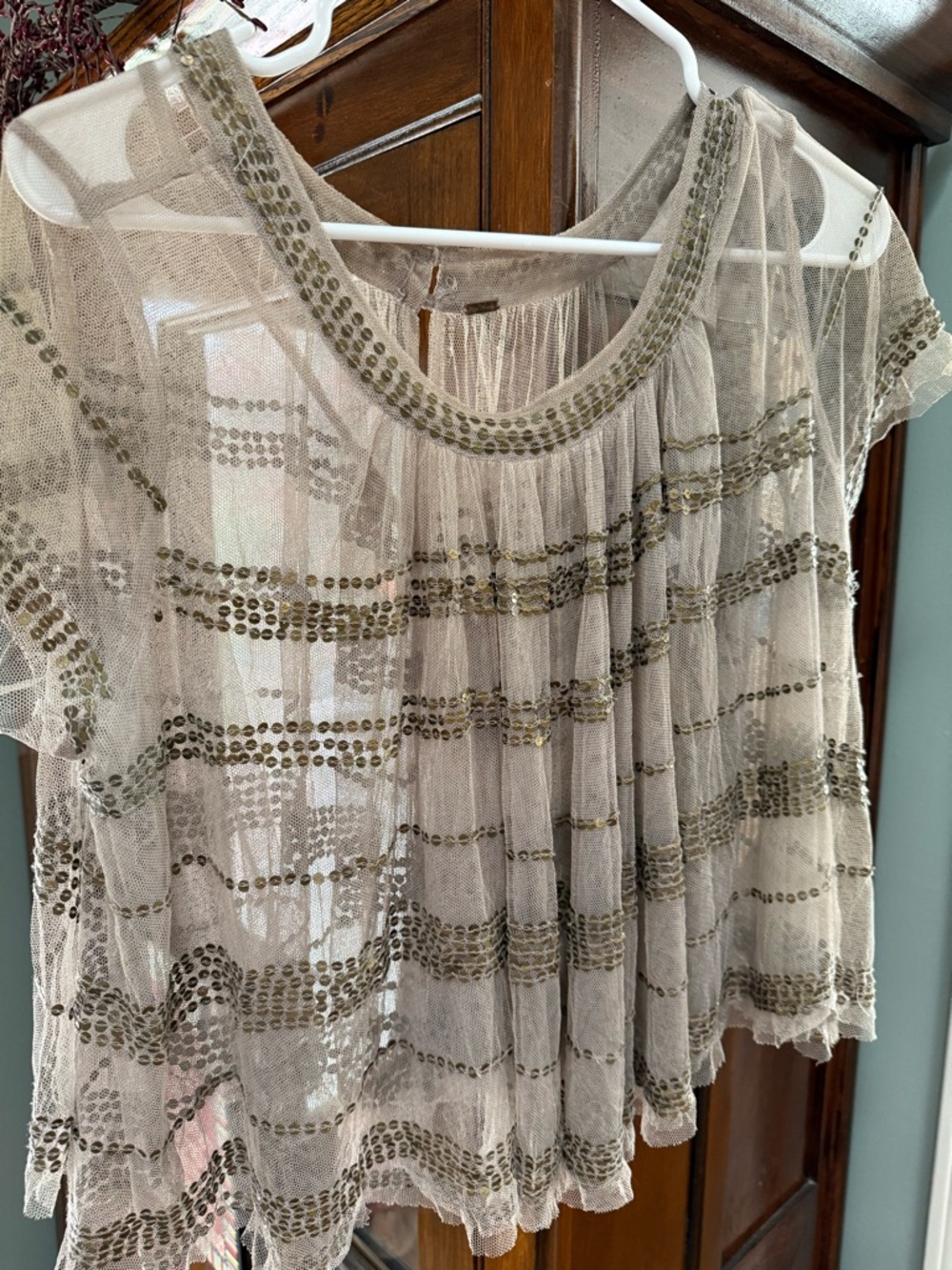 FREE PEOPLE Tan Sequin Short Top Blouse  Size M